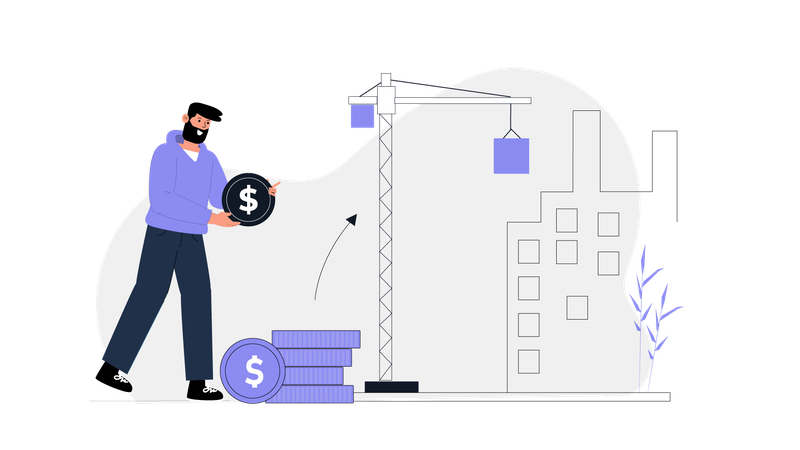 Hombre sosteniendo dinero mientras recupera dinero de la construcción  Ilustración