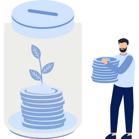 Hombre con dinero y creciente inversión en un frasco  Ilustración