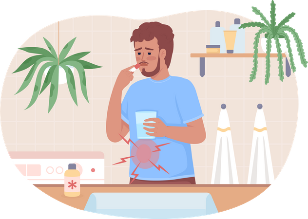 Hombre con dolor de estómago tomando drogas en casa  Ilustración