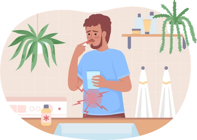 Hombre con dolor de estómago tomando drogas en casa  Ilustración