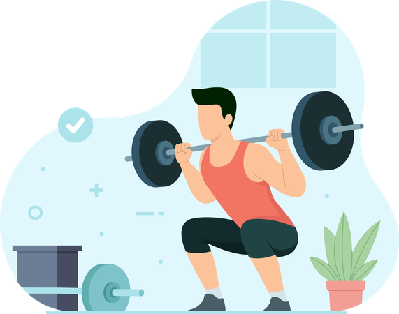 Hombre con ejercicio de levantamiento de pesas en el gimnasio  Illustration