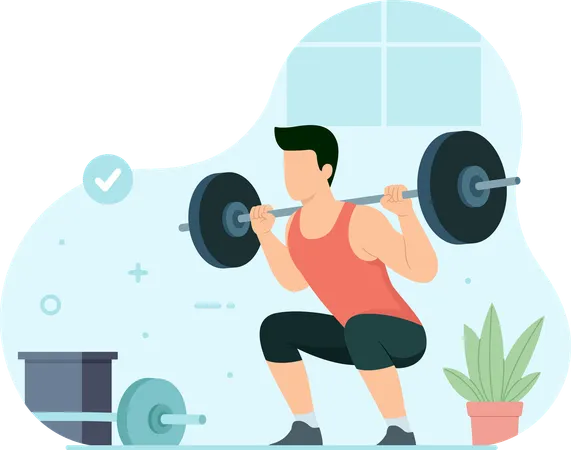 Hombre con ejercicio de levantamiento de pesas en el gimnasio  Illustration