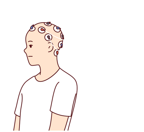 Hombre con electrodos conectados a la cabeza para estudiar la actividad cerebral y el trabajo de las neuronas o el control mental  Ilustración