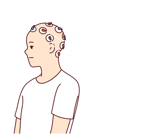 Hombre con electrodos conectados a la cabeza para estudiar la actividad cerebral y el trabajo de las neuronas o el control mental  Ilustración