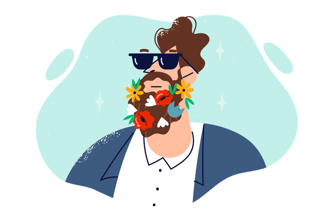 Hombre con flores en barba trabaja como florista  Ilustración