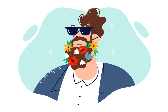 Hombre con flores en barba trabaja como florista  Ilustración