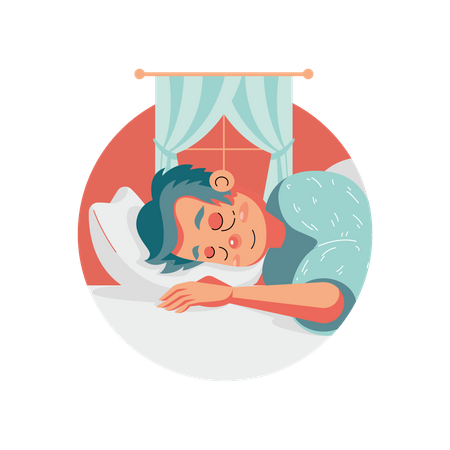 Hombre con frío durmiendo en la cama  Ilustración