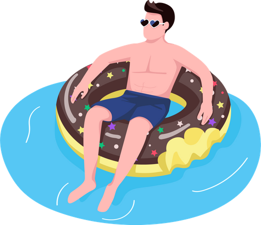 Hombre con gafas de sol en un colchón de aire tipo donut  Ilustración