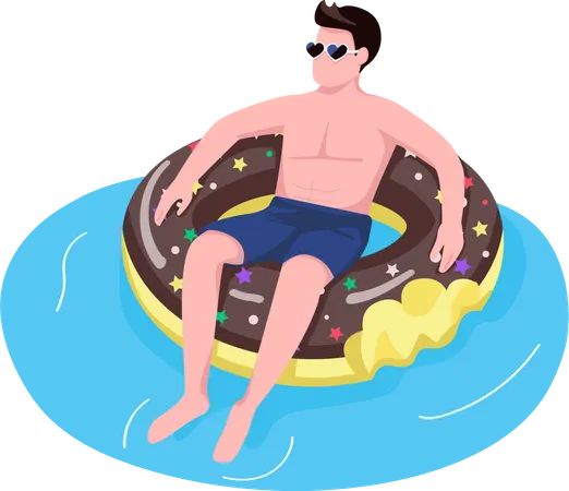 Hombre con gafas de sol en un colchón de aire tipo donut  Ilustración