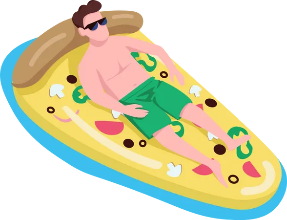 Hombre con gafas de sol en un colchón de aire para pizza  Ilustración