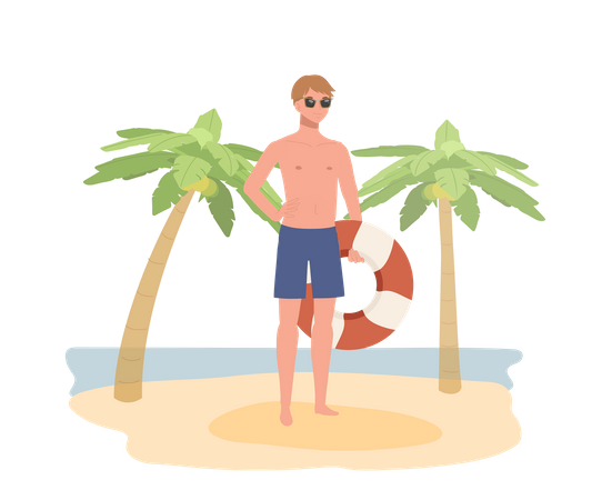 Hombre con gafas de sol en traje de baño mientras sostiene el anillo de natación en la playa  Ilustración