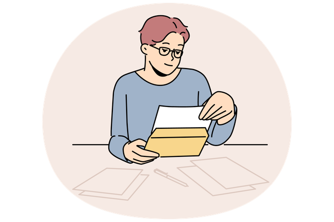 Hombre con gafas leyendo una carta en la mesa  Ilustración