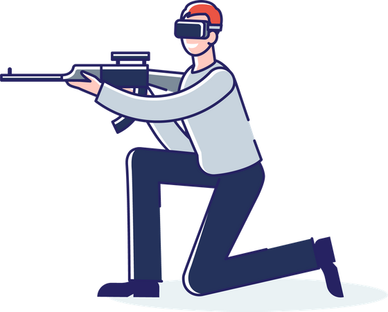 Un hombre con gafas vr dispara con un arma en un juego de realidad aumentada. Tecnología de realidad virtual para juegos.  Ilustración