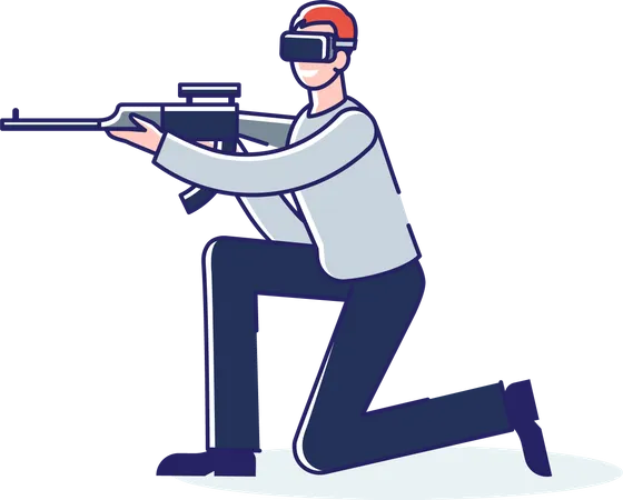 Un hombre con gafas vr dispara con un arma en un juego de realidad aumentada. Tecnología de realidad virtual para juegos.  Ilustración
