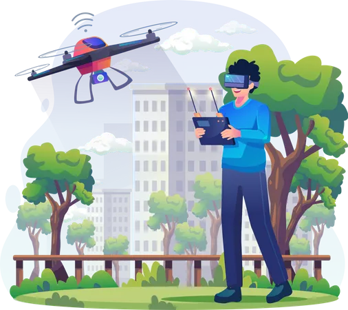 Un Joven Con Gafas VR Volando Un Dron Al Aire Libre El Personaje Masculino Controla Un Cuadricoptero Mediante Tecnologia De Casco De Realidad Virtual Ilustracion De Vector De Estilo Plano Ilustración