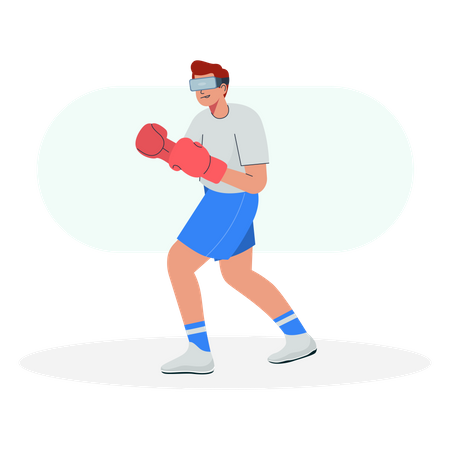 Hombre con gafas VR y jugando al boxeo  Ilustración