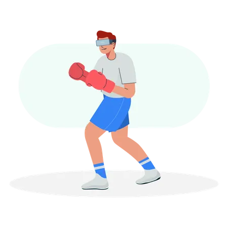 Hombre con gafas VR y jugando al boxeo  Ilustración