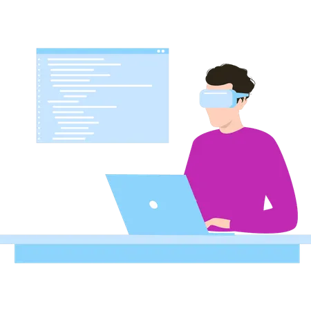 Hombre con gafas VR y trabajando en programación de software en su computadora portátil  Ilustración