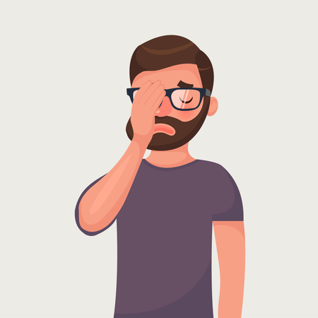 Hombre de barba hipster con gafas hace gestos con la palma de la cara  Ilustración