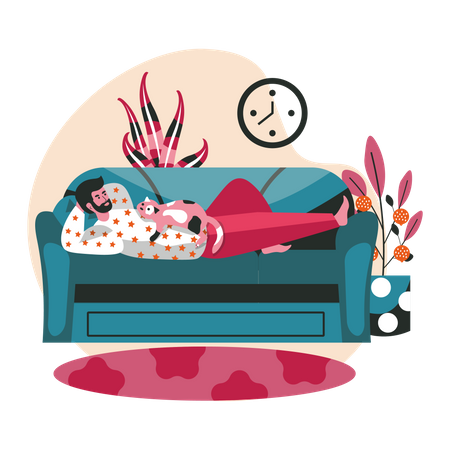 Hombre con gato yace en el sofá  Ilustración