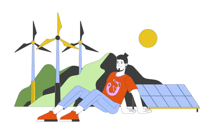 Hombre con generadores sostenibles de energía renovable  Ilustración