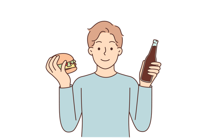 Hombre con hamburguesa y refresco ofrece comida rápida o restaurante callejero con deliciosos sándwiches  Ilustración