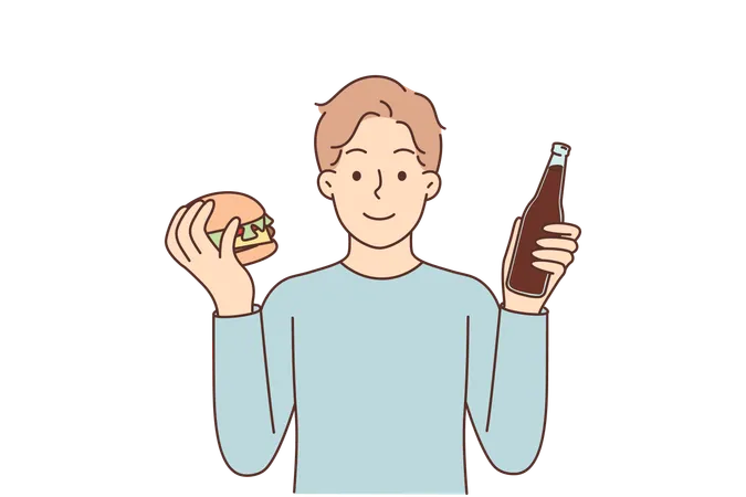 Hombre con hamburguesa y refresco ofrece comida rápida o restaurante callejero con deliciosos sándwiches  Ilustración