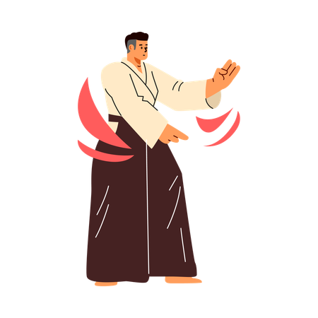 Hombre con kimono practicando poses marciales  Ilustración