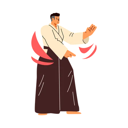 Hombre con kimono practicando poses marciales  Ilustración