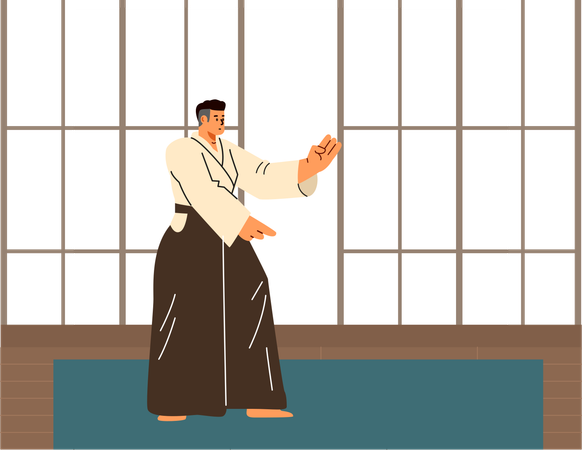 Hombre con kimono practicando poses marciales  Ilustración