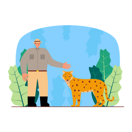 Hombre con leopardo en la selva  Ilustración