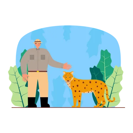 Hombre con leopardo en la selva  Ilustración