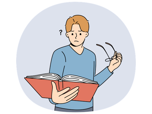 Hombre con libro se quita las gafas  Ilustración