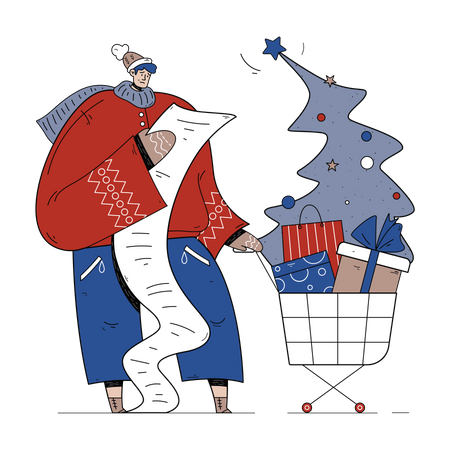 Hombre con lista de compras navideñas  Ilustración