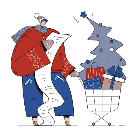 Hombre con lista de compras navideñas  Ilustración