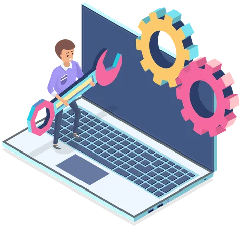 Hombre con llave inglesa trabajando con un programa de configuración en una computadora portátil  Ilustración