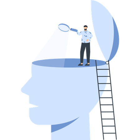 Hombre con una lupa dentro de una escalera de cabeza y cerebro abierto  Ilustración