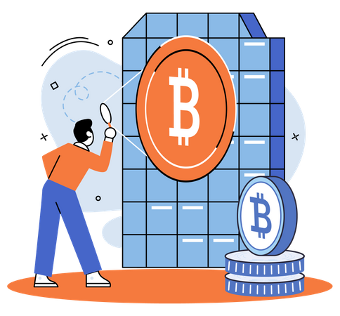 Hombre con lupa trabajando en mina bitcoin  Ilustración