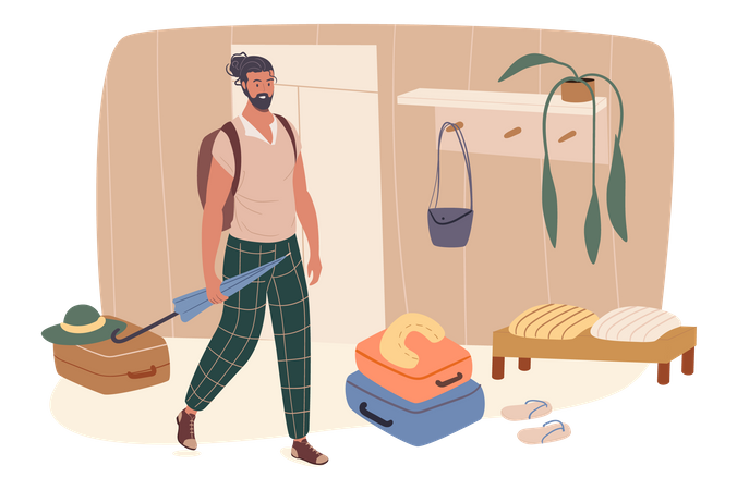 Hombre con maletas parado en el pasillo y yendo de vacaciones  Ilustración