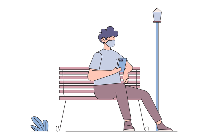 Hombre con máscara médica sentado en un banco del parque  Ilustración