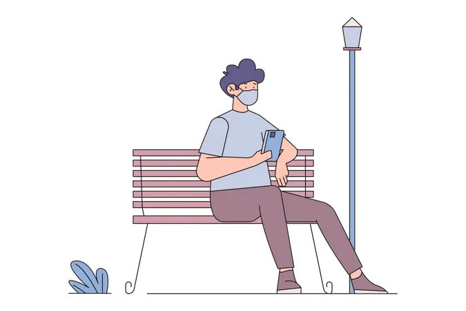 Hombre con máscara médica sentado en un banco del parque  Ilustración