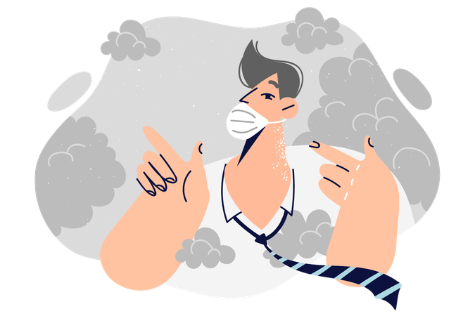 Un hombre con mascarilla médica se encuentra entre el humo que sufre las emisiones nocivas de las fábricas tóxicas  Ilustración
