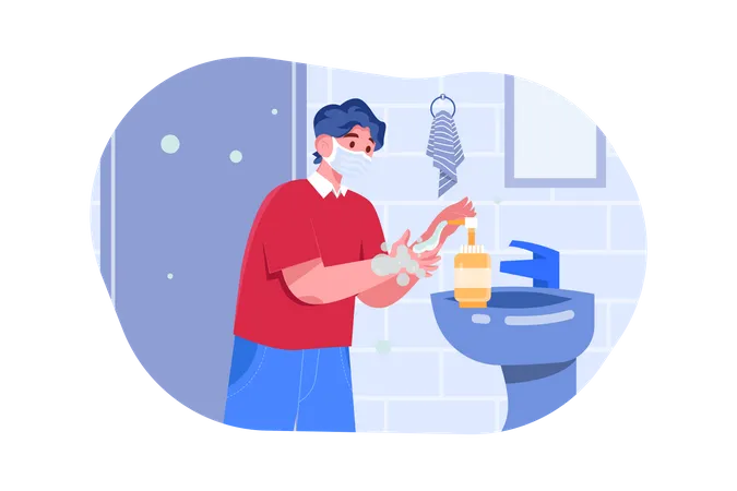 Hombre con mascarilla médica parado en el fregadero y lavándose las manos  Ilustración