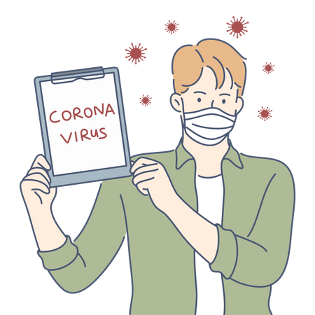 Hombre con mascarilla y sosteniendo un tablero de coronavirus  Ilustración