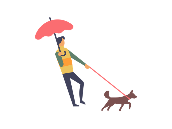 Hombre sujetando paraguas caminando con su perro  Ilustración