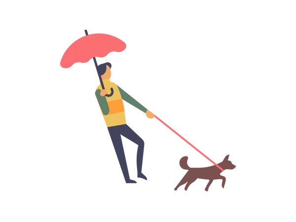 Hombre sujetando paraguas caminando con su perro  Ilustración