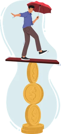 Hombre con paraguas equilibrio en moneda  Ilustración