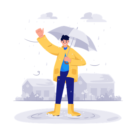 Hombre con paraguas dando la bienvenida a la lluvia en el monzón  Ilustración