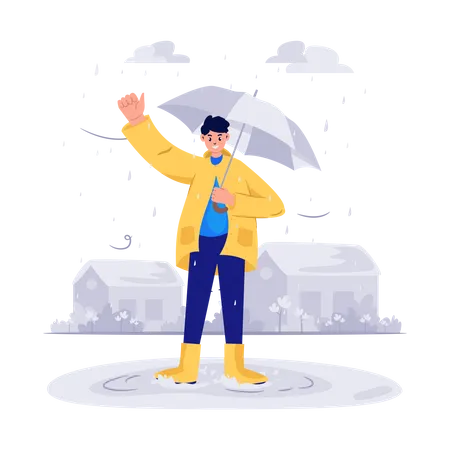 Hombre con paraguas dando la bienvenida a la lluvia en el monzón  Ilustración