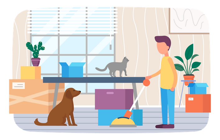 Hombre con perro mudándose a casa nueva  Ilustración